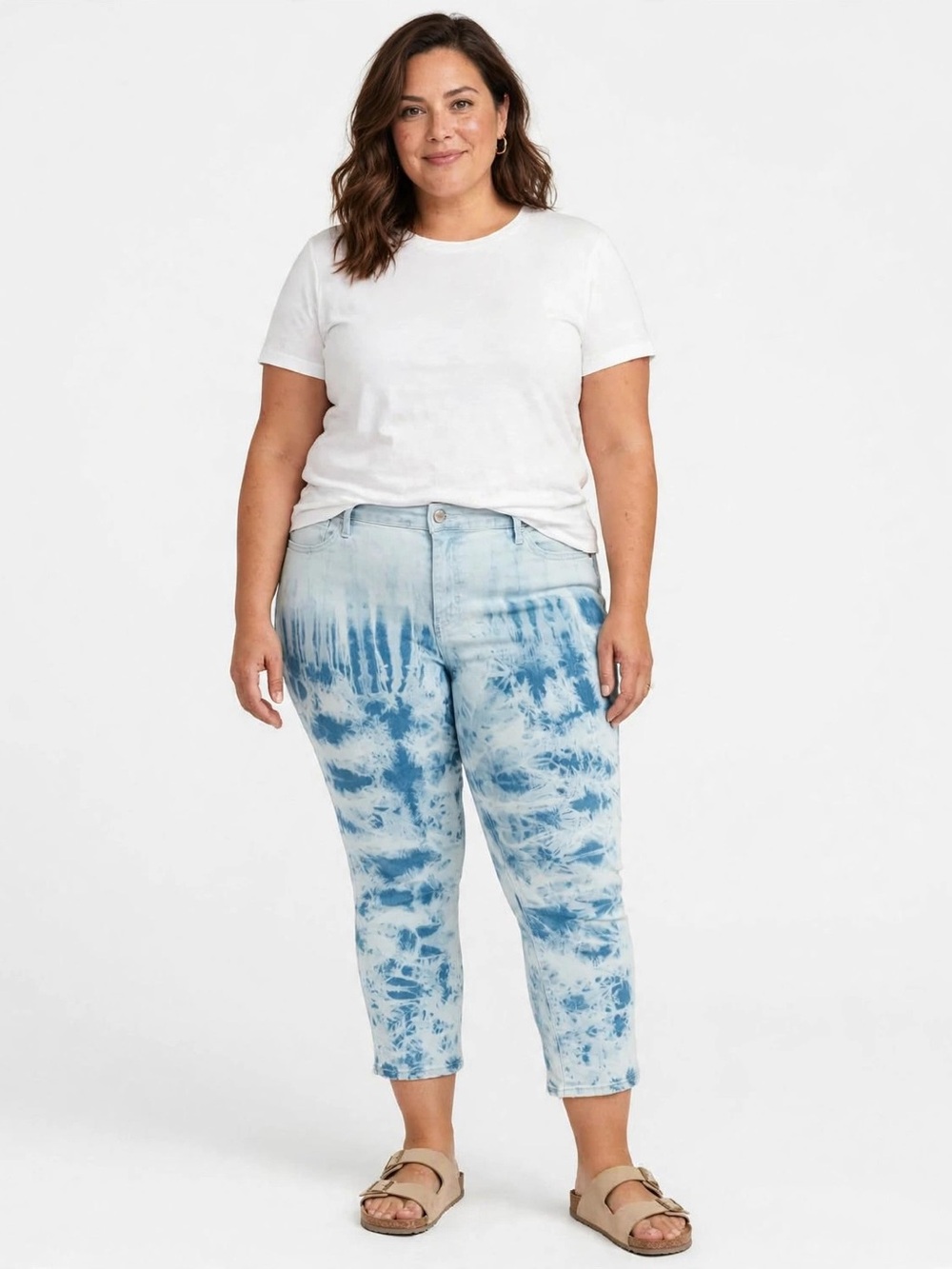 Jennifer Lopez Flawless Sculpt Capri Jeans Mid Rise Tie-Dye Blue White Sz 18